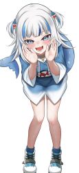  1girl blue_eyes blue_hoodie blue_socks blue_streaks blush fins fish_tail gawr_gura gawr_gura_(1st_costume) grey_hair hair_ornament highres hololive hololive_english hood hoodie looking_at_viewer medium_hair multicolored_hair open_mouth shark_girl shark_hair_ornament shark_tail sharp_teeth shoes smile socks solo sora-wo-tomo streaked_hair tail teeth two-tone_hair two_side_up virtual_youtuber white_shoes 