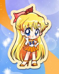  1girl aino_minako bishoujo_senshi_sailor_moon blonde_hair blue_bow blue_bowtie blue_eyes blush bow bowtie chibi chibi_only choker circlet commentary earrings elbow_gloves gloves hair_bow hand_on_own_hip high_heels highres jewelry long_hair looking_at_viewer magical_girl oceaninspace orange_choker orange_sailor_collar orange_shoes orange_skirt pleated_skirt red_bow sailor_collar sailor_senshi_uniform sailor_venus shoes skirt smile solo very_long_hair white_gloves 