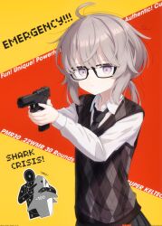 1girl absurdres ahoge aiming alternate_costume argyle_clothes argyle_sweater_vest bespectacled black_necktie black_skirt bluesky_username brown_sweater_vest collared_shirt commentary_request english_text frown girls_frontline glasses grey_hair gun hair_tie handgun highres holding holding_gun holding_weapon hostage ilea_blanche kel-tec_pmr-30 long_hair long_sleeves low_ponytail m200_(girls'_frontline) necktie pink_eyes pleated_skirt ponytail practicing shark shirt sidelocks silhouette_target skirt solo stuffed_animal stuffed_shark stuffed_toy sweater_vest target target_practice trigger_discipline twitter_username violet_eyes weapon white_shirt 