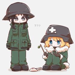  2girls ? ?? black_boots black_eyes black_gloves blonde_hair blue_eyes blush boots chito_(shoujo_shuumatsu_ryokou) coat commentary_request fish_skeleton gloves green_coat green_pants helmet highres holding holding_stick hood hood_down knees_up long_sleeves low_twintails multiple_girls pants saiun_san shoujo_shuumatsu_ryokou simple_background sitting stick twintails yuuri_(shoujo_shuumatsu_ryokou) 
