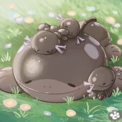  clodsire closed_eyes closed_mouth flower grass lowres no_humans nostrils paldean_wooper pokemon pokemon_(creature) pokemon_focus pokemon_on_back sleeping smile tail yellowdog1000 
