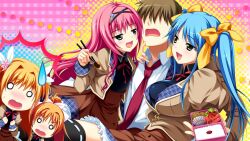  1boy 4girls blue_hair blush bow brown_hair chibi chopsticks collared_shirt flower frilled_skirt frills hair_bow hair_flower hair_ornament hair_ribbon hair_tie headband hiiragi_akio holding holding_chopsticks kinomoto_mayo kinomoto_misaki kinomoto_nokia kinomoto_sakuya long_hair long_sleeves lunchbox multiple_girls necktie o_o open_mouth orange_hair panta pink_hair ponytail ren'ai_0_kilometer ribbon school_uniform shirt short_hair skirt smile surprised sweat sweatdrop twintails white_shirt yazaki_kyouichi yuunagi_seshina 