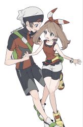  1boy 1girl :d backpack bag beanie bike_shorts bike_shorts_under_shorts black_shorts bow_hairband bracelet brendan_(pokemon) brown_hair eyelashes green_bag grey_eyes hairband hat highres holding_hands jewelry knees leg_up may_(pokemon) open_mouth pokemon pokemon_omega_ruby_and_alpha_sapphire red_hairband red_shirt shirt shoes short_sleeves shorts sleeveless sleeveless_shirt smile tillubreakin white_hat white_shoes white_shorts yellow_shoes 