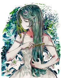  1girl 2026 absurdres artist_name bare_shoulders brushing_hair check_commentary closed_mouth collarbone comb commentary_request dress eudetenis flower green_background green_eyes green_hair green_theme hair_over_shoulder highres holding holding_comb holding_own_hair long_hair nose original solo spaghetti_strap traditional_media upper_body very_long_hair white_background white_dress white_lily 