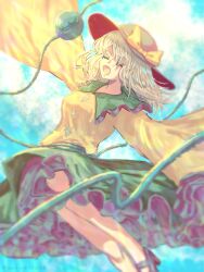  1girl black_hat black_shoes bow buttons closed_eyes clouds diamond_button disembodied_linked_eye eyeball frilled_shirt_collar frilled_skirt frills green_skirt hat hat_bow highres komeiji_koishi long_sleeves medium_hair nekomituba open_mouth outstretched_arms ribbon shirt shoes skirt sky smile solo thorns touhou wide_sleeves yellow_bow yellow_ribbon yellow_shirt 