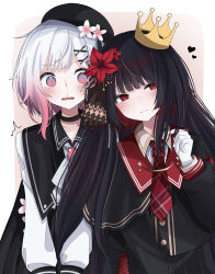  2girls armband beret black_capelet black_choker black_coat black_hair black_hat black_shirt black_skirt blood border capelet choker closed_mouth coat collared_coat collared_shirt commentary_request crown fang flower flower-trimmed_sleeves gloves gradient_hair hair_flower hair_ornament hat hat_flower hat_ribbon highres jasei layered_skirt long_hair long_sleeves mahou_shoujo_no_majo_saiban mini_crown multicolored_hair multiple_girls neck_ribbon necktie nikaido_hiro nosebleed overskirt pink_eyes pink_hair plaid_clothes plaid_necktie plaid_skirt pleated_skirt red_armband red_eyes red_flower red_necktie red_skirt ribbon sakuraba_ema shirt short_hair side_capelet simple_background skirt sleeveless sleeveless_coat white_border white_flower white_gloves white_hair white_ribbon white_shirt white_sleeves x_hair_ornament yuri 
