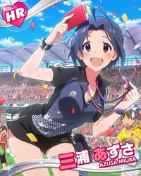  3girls :d ahoge blue_hair character_name confetti idolmaster idolmaster_million_live! lens_flare miura_azusa multiple_girls official_art open_mouth red_card red_eyes short_hair shorts smile soccer soccer_field soccer_jersey soccer_uniform whistle 