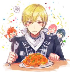  1girl 3boys black_hair blonde_hair blush clenched_teeth commentary_request confetti food fork holding holding_fork jack_jeanne male_focus multiple_boys orimaki_suzu otori_kyoji pasta pink_hair red_eyes red_hair reverse_trap short_hair solo_focus spaghetti spoken_squiggle squiggle streamers tachibana_kisa teeth v-shaped_eyebrows yonaga_soshiro yuhazu_(rhe-rhe) 