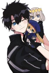  1boy artoria_caster_(fate) artoria_caster_(second_ascension)_(fate) artoria_pendragon_(fate) black_hair blue_eyes chaldea_logo character_doll closed_mouth clothing_cutout commentary_request doll fate/grand_order fate_(series) fujimaru_ritsuka_(male) fujimaru_ritsuka_(male)_(polar_chaldea_uniform) glove_cutout high_collar highres holding holding_doll male_focus oberon_(fate) one_eye_closed short_hair short_sleeves smile yakudo_trio yasa_sio 