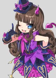  1girl :d ;d absurdres blue_dress blue_eyes blue_gloves bow bowtie brown_hair demon_horns demon_tail dress fake_horns fake_tail fang gloves grey_background hand_on_own_hip hand_up hat highres horns index_finger_raised kurosu_aroma layered_dress long_hair looking_at_another mini_hat mini_witch_hat multicolored_dress one_eye_closed owoxxxc pink_bow pink_bowtie pink_dress pink_horns pretty_series pripara purple_dress purple_hat sidelocks simple_background smile solo tail tilted_headwear witch_hat 