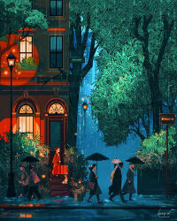  3boys 4girls black_coat black_hair black_hat black_pants black_umbrella bow building bus_stop_sign child coat commentary complementary_colors dog door dress_shoes english_commentary fanlight_window grey_coat grey_skirt hair_bow hat high_heels highres holding holding_suitcase holding_umbrella jacket lamppost laura_el multiple_boys multiple_girls night original outdoors pants rain red_hair red_jacket red_pants reflection road road_sign shoes short_hair sidewalk sign signature skirt skyscraper slice_of_life stairs standing street suitcase transom_window tree umbrella urban walking white_bow white_hair white_umbrella wide_shot window 