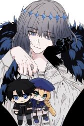  1boy blue_eyes bored character_doll claws closed_mouth commentary_request crown doll fate/grand_order fate_(series) fur_scarf grey_hair highres looking_at_object loose_clothes loose_shirt male_focus oberon_(fate) oberon_(third_ascension)_(fate) poet_shirt shirt short_hair upper_body yakudo_trio yasa_sio 