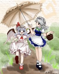  2girls :d absurdres apron apron_lift ascot basket bat_wings beamed_eighth_notes beamed_sixteenth_notes blonde_hair blue_hair bobby_socks bow braid clothes_lift commentary_request day dress eighth_note frilled_apron frilled_shirt_collar frilled_skirt frilled_umbrella frills full_body grass green_bow green_ribbon grey_hair hair_bow hat hat_ribbon highres holding holding_basket holding_umbrella izayoi_sakuya leg_up long_hair looking_at_another maid maid_apron maid_headdress mary_janes medium_hair mob_cap multiple_girls musical_note official_style ofuton_(rxn_vm) open_mouth outdoors parasol parody path picnic_basket pink_umbrella puffy_short_sleeves puffy_sleeves red_ascot red_eyes red_ribbon remilia_scarlet ribbon scarlet_devil_mansion shared_umbrella shirt shoes short_hair short_sleeves skirt skirt_set smile socks spoken_musical_note standing standing_on_one_leg style_parody touhou twin_braids twitter_username umbrella waist_apron walking wavy_hair white_apron white_shirt white_socks white_umbrella wings zun_(style) 