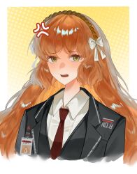  1girl anger_vein annoyed black_coat black_vest blush border bow bow_hairband brown_hairband coat collared_shirt commentary cropped_torso freckles furrowed_brow green_eyes hair_bow hairband highres id_card ishmael_(project_moon) jacket lapels limbus_company long_hair looking_at_viewer navi_(huynhvy3146) necktie notched_lapels open_mouth orange_hair project_moon red_necktie shirt sidelocks solo upper_body very_long_hair vest white_border white_bow white_shirt wing_collar 