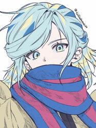  1boy blue_eyes blue_hair blue_scarf commentary_request grusha_(pokemon) highres jacket korean_commentary looking_at_viewer male_focus medium_hair pokemon pokemon_scarlet_and_violet scarf scarf_over_mouth simple_background solo striped_clothes striped_scarf tillubreakin twitter_username upper_body yellow_jacket 