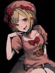  1girl beret blonde_hair bow crazy_smile dress gem hair_ornament hat highres jack-o'-lantern jewelry lambdadelta looking_at_viewer necklace pearl pink_dress pink_hat puffy_sleeves pumpkin red_bow red_eyes rei_53kasu short_hair sitting smile solo umineko_no_naku_koro_ni 