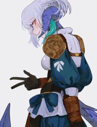  1girl absurdres armor au_ra blue_horns blue_scales blue_tail bow braid dragon_girl dragon_horns dragon_tail dress feather_hair_ornament feathers final_fantasy final_fantasy_xiv gloves grey_hair grin hair_ornament highres horns long_hair looking_at_viewer looking_back low_horns moth_ram original red_eyes scales shoulder_armor simple_background smile solo standing tail w warrior_of_light_(ff14) white_background 