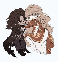  1boy 1girl ascot black_boots black_pants boots brown_ascot brown_capelet brown_coat brown_dress brown_eyes brown_gloves brown_hair capelet catherine_(project_moon) clob_4 closed_mouth coat commentary_request dress erlking_heathcliff_(project_moon) gloves gold_trim grey_scarf grey_vest highres jewelry korean_commentary limbus_company necklace pants project_moon scarf simple_background smile vest violet_eyes white_background 