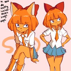  animal_ears blue_eyes blue_skirt bow cat cat_ears cat_girl cat_tail colored_skin dutch_text hair_bow highres mymy_schoppenboer necktie non-web_source ongezellig orange_hair orange_necktie orange_skin red_bow school_uniform short_hair skirt tail 