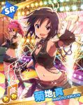  &gt;:d 2girls :d ahoge black_hair character_name fingerless_gloves gloves headset idolmaster idolmaster_million_live! jewelry kikuchi_makoto looking_at_viewer maihama_ayumu midriff multicolored_hair multiple_girls musical_note navel necklace official_art open_mouth pink_hair short_hair shorts smile stage stage_lights 
