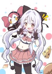  :> :d beanie black_shirt blush brown_choker brown_gloves brown_pantyhose buttons capelet charlotte_(madoka_magica) cheese choker commentary crop_top dotted_background double_v earflap_beanie food fur_trim giorgio_(yo_sumire_sola1) gloves hat highres long_hair looking_at_viewer magical_girl mahou_shoujo_madoka_magica mahou_shoujo_madoka_magica:_walpurgis_no_kaiten momoe_nagisa momoe_nagisa_(magical_girl) multicolored_eyes navel notice_lines open_mouth orange_capelet orange_skirt pantyhose ringed_eyes shirt skirt smile twintails untranslatable_commentary v very_long_hair white_background white_hair witch_(madoka_magica) 