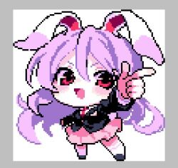  1girl ahiru_tokotoko animal_ears blazer border chibi commentary_request full_body grey_border index_finger_raised jacket long_hair long_sleeves looking_at_viewer lowres open_mouth pink_eyes pixel_art pointing purple_hair rabbit_ears rabbit_girl reisen_udongein_inaba simple_background solo touhou very_long_hair white_background 