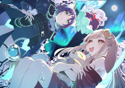  3girls absurdres animal_ears aurora blue_kimono blue_nails blush brown_eyes brown_hair cho_kaguya-hime! closed_eyes closed_mouth commentary crescent crescent_hair_ornament double_bun fang flat_chest forehead_jewel fox_ears fox_girl fushi_(cho_kaguya-hime!) green_eyes hair_bun hair_ornament hand_on_own_hip highres inudoge japanese_clothes kaguya_(cho_kaguya-hime!) kaguya_(tsukuyomi)_(cho_kaguya-hime!) kimono long_hair multiple_girls nail_polish night open_mouth purple_kimono rabbit_ears rabbit_girl red_kimono runami_yachiyo runami_yachiyo_(mini) runami_yachiyo_(tsukuyomi) sakayori_iroha sakayori_iroha_(tsukuyomi) sidelocks skin_fang smile untranslatable_commentary white_hair ylong 