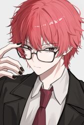  1boy absurdres alternate_costume black_jacket black_nails closed_mouth collared_shirt commentary_request deidaramom glasses highres jacket korean_commentary looking_at_viewer male_focus naruto_(series) naruto_shippuuden red_eyes red_hair sasori_(naruto) school_uniform serious shirt short_hair simple_background solo white_background 