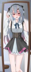  1girl absurdres arm_at_side black_corset black_necktie breasts center-flap_bangs commentary_request corset detached_sleeves feet_out_of_frame frilled_hairband frills hair_between_horns hairband hand_up highres hololive horns long_hair long_sleeves looking_at_viewer mirror multicolored_hair nakiri_ayame nakiri_ayame_(streetwear) nameles80707381 necktie official_alternate_costume oni open_mouth red_eyes red_streaks reflection shade shirt sidelocks skirt sleeveless sleeveless_shirt small_breasts smile solo standing streaked_hair teeth upper_teeth_only virtual_youtuber white_shirt white_sleeves 