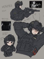  assault_rifle black_gloves combat_helmet commentary daewoo_k2 ear_protection eotech foregrip gloves gun helmet highres holding holding_knife knife laser_sight load-bearing_vest military_combat_uniform military_uniform minhee_(cod:_mw4) night_vision_device ppopy124 rifle sight_magnifier smile suppressor sweat tactical_clothes vertical_foregrip weapon 