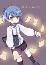  1boy black_shorts black_socks blue_hair book commentary commentary_request grey_background highres holding holding_book mahou_shoujo_ikusei_keikaku mahou_shoujo_ikusei_keikaku_f2p open_mouth orange_eyes shirt shoes short_hair shorts socks untranslatable_commentary v8y_vkaname wen_heizwald white_shirt 