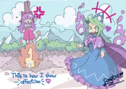  +++ 2girls anger_vein angry blue_hat blue_sky bound bow cape capelet clouds comet_summoner98 commentary day dress english_commentary english_text fire frilled_dress frills green_eyes green_hair hair_bow hair_tubes hakama hakama_pants hakurei_reimu hakurei_reimu_(pc-98) hat japanese_clothes kimono long_hair long_sleeves mima_(touhou) multiple_girls nontraditional_miko outdoors pants purple_cape purple_capelet purple_hair red_bow red_hakama restrained rope signature sky smile sun_print tied_up_(nonsexual) touhou touhou_(pc-98) tree white_kimono wizard_hat 