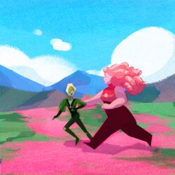 2girls blonde_hair clouds colored_skin commentary english_commentary face_shield fat gem_(steven_universe) green_skin homeworld_gem_uniform long_hair multiple_girls original outdoors peridot_facet_6c4t_cut_2xj pink_hair ringlets rose_quartz_facet_5_cut_5xl running sketch sky smile steven_universe thefaeriemerchant 