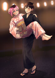 1boy 1girl absurdres alternate_costume alternate_hairstyle antenna_hair aubrey_(faraway)_(omori) aubrey_(omori) barefoot black_hair black_kimono blue_eyes blurry blurry_background blush carrying closed_eyes collarbone commentary_request dendenmushi1064 flying_sweatdrops hand_on_another's_shoulder highres japanese_clothes kimono long_sleeves multicolored_hair omori open_mouth pink_hair pink_kimono princess_carry roots_(hair) sandals short_hair spoilers sunny_(omori) sweat 
