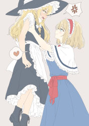  2girls absurdres alice_margatroid anger_vein apron armpit_carry black_bow black_hat black_skirt black_vest blue_dress blue_eyes bow braid capelet closed_mouth commentary dress from_side hair_bow hat heart highres kirisame_marisa lifting_person long_hair looking_at_another multiple_girls open_mouth puffy_short_sleeves puffy_sleeves red_eyes shirt short_hair short_sleeves single_braid skirt smile spoken_anger_vein spoken_heart touhou tsuno_no_hito two_side_up vest waist_apron white_apron white_bow white_capelet white_shirt witch_hat yellow_eyes yuri 