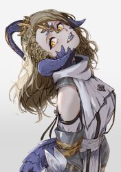  1girl au_ra blonde_hair blue_horns blue_scales blue_tail blue_tongue braid clothing_cutout collared_dress colored_tongue commentary dragon_girl dragon_horns dragon_tail dress final_fantasy final_fantasy_xiv hair_ornament head_tilt horns long_hair looking_at_viewer low_horns moth_ram original scales shoulder_cutout simple_background solo tail untranslatable_commentary warrior_of_light_(ff14) white_background white_dress yellow_eyes 