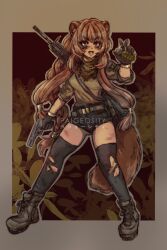 1girl :d absurdres alternate_costume animal_ear_fluff animal_ears ankle_boots aqua_hair artist_name ass belt belt_pouch black_gloves black_shorts black_thighhighs boots border braid breasts brown_background brown_belt brown_boots brown_border brown_hair brown_jacket brown_shirt commentary cropped_jacket english_commentary explosive facepaint gloves gradient_border green_scarf grenade grey_border grey_outline gun gun_on_back hair_between_eyes hair_tubes hand_up handgun highres holding holding_grenade holding_gun holding_weapon injury jacket long_hair looking_at_viewer medium_breasts merchandise_available metal_hair_tubes mk2_grenade open_clothes open_jacket open_mouth outline outside_border paid_reward_available paigeosity pouch raccoon_ears raccoon_girl raccoon_tail raphtalia red_eyes rifle scarf scratches shirt short_shorts shorts skindentation smile sniper_rifle solo tail tanuki tate_no_yuusha_no_nariagari thigh-highs tongue torn_clothes torn_thighhighs v-shaped_eyebrows watermark weapon weapon_on_back weapon_request work_boots zettai_ryouiki 