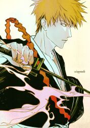  absurdres artist_name belt birthday black_kimono bleach closed_mouth commentary_request furrowed_brow hair_between_eyes happy_birthday happyminorlife highres holding holding_sword holding_weapon japanese_clothes kimono korean_commentary kurosaki_ichigo looking_to_the_side orange_hair pectorals short_hair simple_background spiky_hair sword upper_body weapon white_belt 