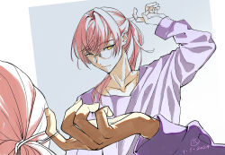  1boy bishounen blonde_hair closed_mouth collarbone crew_neck dated degrees_of_lewdity glasses hair_between_eyes hair_intakes hand_up highres long_sleeves looking_to_the_side low_ponytail male_focus mole mole_under_mouth nostrils pi_3_14 ponytail purple_shirt reflection shirt sidelighting simple_background smile sydney_(degrees_of_lewdity) sydney_(male)_(degrees_of_lewdity) upper_body yellow_eyes 