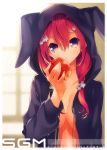  1girl animal_hood apple black_hair breasts bunny_hood bust food fruit goroo hair_ornament long_hair naked_hoodie original redhead solo 