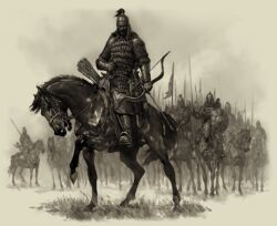 6+boys armor army artist_request beard boots bow_(weapon) bracer breastplate chainmail closed_mouth commentary english_commentary facial_hair helmet holding holding_bow_(weapon) holding_polearm holding_shield holding_weapon horse horseback_archery lamellar_armor looking_at_viewer monochrome mount_&amp;_blade multiple_boys official_art pauldrons plume polearm quiver shield shoulder_armor spear weapon 
