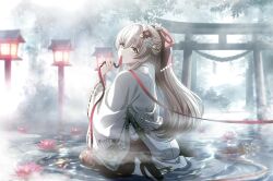  1girl artist_request back d4dj fog grey_hair hair_ornament hairclip jacket japanese_clothes lamp long_hair looking_at_viewer looking_back official_alternate_costume official_art outdoors sandals shinomiya_kokoa sitting solo torii tree water white_jacket yellow_eyes 
