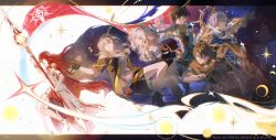  3boys 3girls absurdres black_boots black_gloves black_hair black_jacket black_shirt blue_eyes blue_skirt boots breasts brown_hair cane cape coat commentary dan_heng_(honkai:_star_rail) dan_heng_(hunt)_(honkai:_star_rail) dress english_text epaulettes flag glasses gloves gold_shoes green_eyes grey_hair grey_jacket hair_between_eyes halo halo_behind_head hands_up head_wings high_heel_boots high_heels highres himeko_(honkai:_star_rail) himeko_(nova)_(honkai:_star_rail) holding holding_cane holding_flag holding_polearm holding_weapon honkai:_star_rail honkai_(series) jacket letterboxed long_hair looking_at_another maowvi7 march_7th_(honkai:_star_rail) march_7th_(preservation)_(honkai:_star_rail) medium_breasts multicolored_eyes multiple_boys multiple_girls open_mouth parted_lips pink_eyes pink_hair polearm pumps reaching red_cape red_gloves red_hair shirt shoes single_glove skirt spear spiked_halo star_(sky) starry_sky_background stelle_(honkai:_star_rail) sunday_(honkai:_star_rail) tearing_up thigh_strap trailblazer_(honkai:_star_rail) two-tone_eyes untranslatable_commentary weapon welt_yang white_coat white_dress white_shirt white_wings wings yellow_eyes 