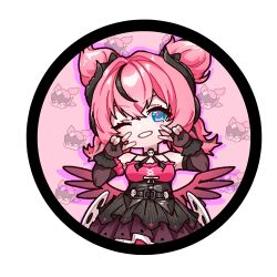  1girl absurdres aria_(human)_(discordant_note)_(zenless_zone_zero) aria_(human)_(zenless_zone_zero) aria_(robot)_(zenless_zone_zero) aria_(zenless_zone_zero) bare_shoulders black_bridal_gauntlets black_choker black_dress black_hair black_streaks blue_eyes bridal_gauntlets choker commentary_request crossed_bangs deformed double_v dress hair_between_eyes highres leg_up looking_at_viewer multicolored_hair official_alternate_costume one_eye_closed pink_background pink_hair pretty_period quad_tails skull_ornament smile solo standing standing_on_one_leg streaked_hair teeth upper_teeth_only v white_background wings zenless_zone_zero 
