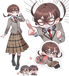  1girl 2boys aijou_rentarou black_hair black_socks blazer bow chibi clenched_hands clenched_teeth closed_eyes commentary_request crying dotted_line double-parted_bangs full_body grey_bow heart holding holding_heart iin_chiyo iin_hiro jacket kanyoko_(yuzukano_17) kimi_no_koto_ga_dai_dai_dai_dai_daisuki_na_100-nin_no_kanojo loafers multiple_boys necktie ohananomitsu_high_school_uniform ohananomitsu_middle_school_uniform peanut_mouth plaid_clothes plaid_skirt pointing red_necktie round_eyewear school_uniform shirt shoes short_twintails simple_background skirt socks symbol-shaped_pupils teeth thick_eyebrows twintails white_shirt 