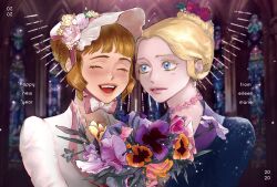  2020 2girls alternate_hairstyle blonde_hair blue_eyes bouquet brown_hair character_request closed_eyes closed_mouth commentary_request earrings english_text flower ghosts_of_greywoods hair_flower hair_ornament happy_new_year holding holding_bouquet jewelry korean_commentary let_ink multiple_girls official_art open_mouth pink_lips red_flower smile 