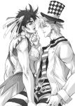  2boys bowtie caesar_anthonio_zeppeli crossdressinging hair_ornament hat jojo_no_kimyou_na_bouken joseph_joestar_(young) kurenai_karasu monochrome multiple_boys shirt striped striped_pants striped_shirt top_hat 