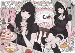  1girl aegyo_sal black_eyes black_hair black_shirt black_skirt blunt_bangs blush bonnet boots border cake cake_slice cat chair closed_mouth commentary cookie cropped_legs dessert eighth_note eyelashes food fork frills fruit halftone halftone_background hand_up happy_birthday highres holding holding_fork holding_umbrella icing invisible_chair jewelry knee_boots knees_together_feet_apart lace lace_border long_hair looking_at_viewer macaron miniskirt multiple_views musical_note necklace original ornate_border outside_border parasol parfait pastry pearl_necklace petals pink_petals plaid_clothes quarter_note ribbon shirt shoes short_sleeves sidelocks sitting sixteenth_note skirt smile socks solo strawberry strawberry_parfait sweets table tiered_tray treble_clef umbrella untranslatable_commentary upper_body white_bonnet white_cat white_socks z_p4e 