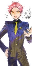  1girl arrow_(symbol) black_pants black_shirt blue_jacket collared_shirt commentary_request cowboy_shot crossdressing crossdressing_(ftm) jack_jeanne jacket looking_at_viewer necktie pants pink_hair pinstripe_jacket pinstripe_pants pinstripe_pattern reverse_trap shirt short_hair shout_lines solo tachibana_kisa weekend_lesson_(jack_jeanne) yellow_eyes yellow_necktie yuhazu_(rhe-rhe) 