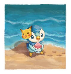  artist_name beach blue_eyes border character_mask commentary_request cup day food footprints fuyu_(utngrtn) holding holding_cup holding_food looking_at_viewer mask mask_on_head no_humans open_mouth outdoors pikachu piplup pokemon pokemon_(creature) pokemon_focus sand shadow shaved_ice smile solo standing twitter_username water watermark white_border 